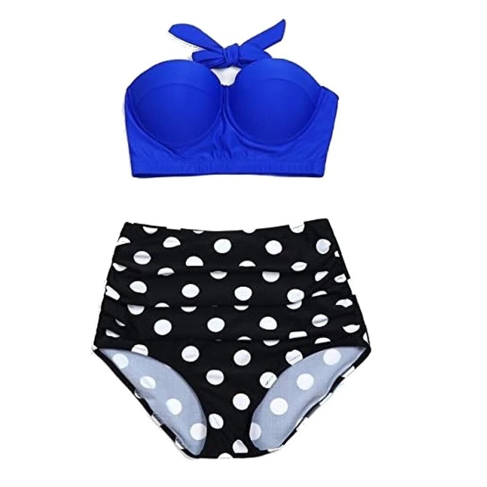 Blue Halter Bikini Top with Black & White Polka Dot High-Waist Bottoms - Picture 4 of 8
